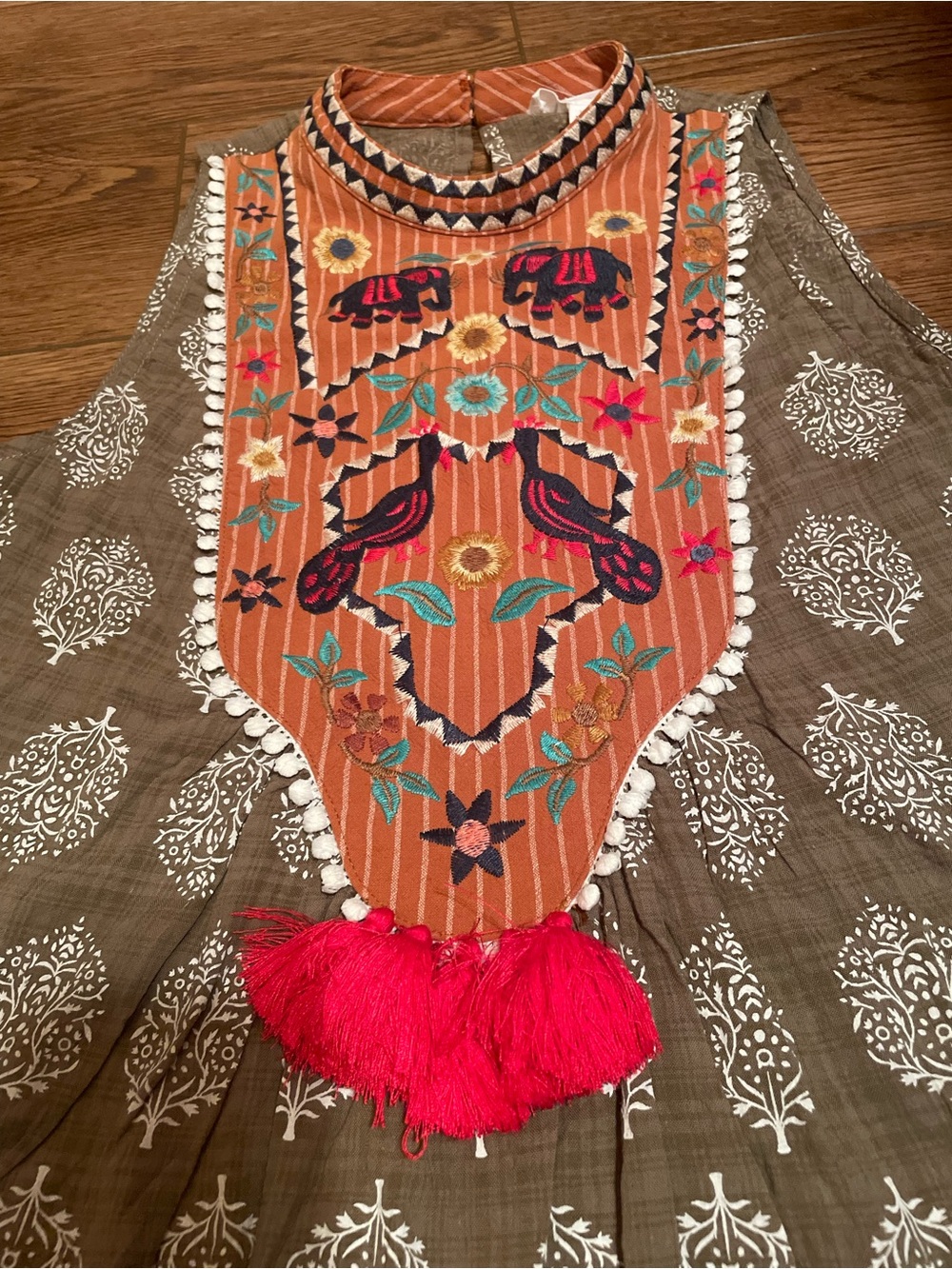 THML Embroidered Boho Sleeveless Top with Tassels - Orange & Olive